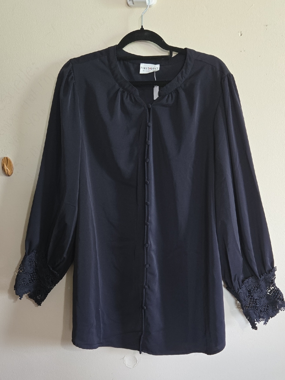 First Love Lace Cuff Blouse Fabric Button Front Band Collar Flowy Tunic Style